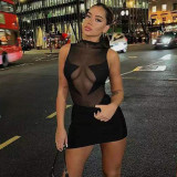 Sexy women's gauze patchwork half-high neckline tight-fitting sleeveless dress with buttocks skirt