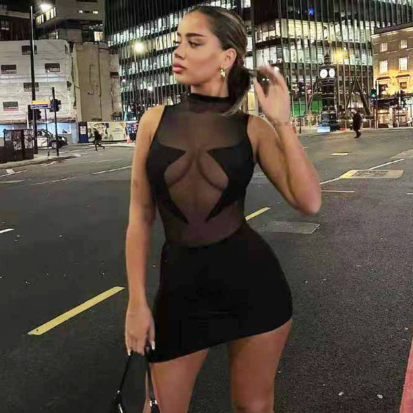 Sexy women's gauze patchwork half-high neckline tight-fitting sleeveless dress with buttocks skirt
