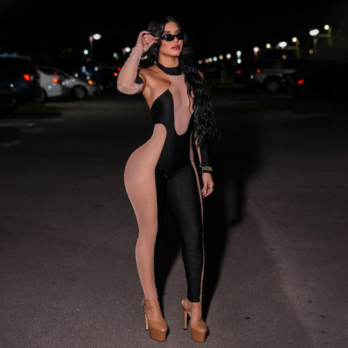 Women's sexy gauze mesh perspective panel round neck sleeve jumpsuit trousers