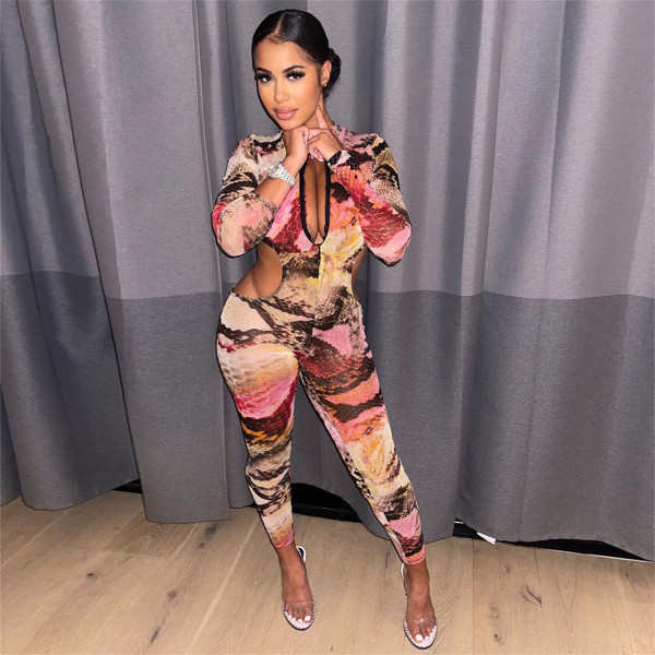 Temperament slim deep V open waist printed jumpsuit