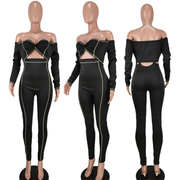 Fashion sexy solid color floral off-the-shoulder jumpsuit
