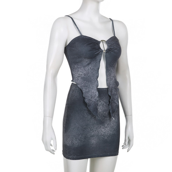 Wood ear edge irregular hollowed-out ring splicing suspender vest skirt suit two-piece set