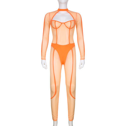 Fashionable anti-car fluorescent line sense perspective mesh splicing one-piece trousers