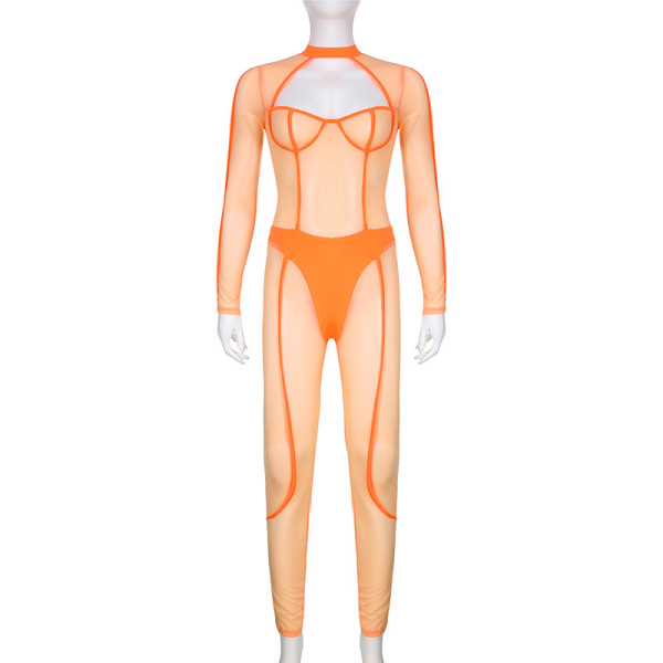 Fashionable anti-car fluorescent line sense perspective mesh splicing one-piece trousers