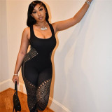 Solid color women's sexy perspective sleeveless low-cut high-waist slim embroidered jumpsuit