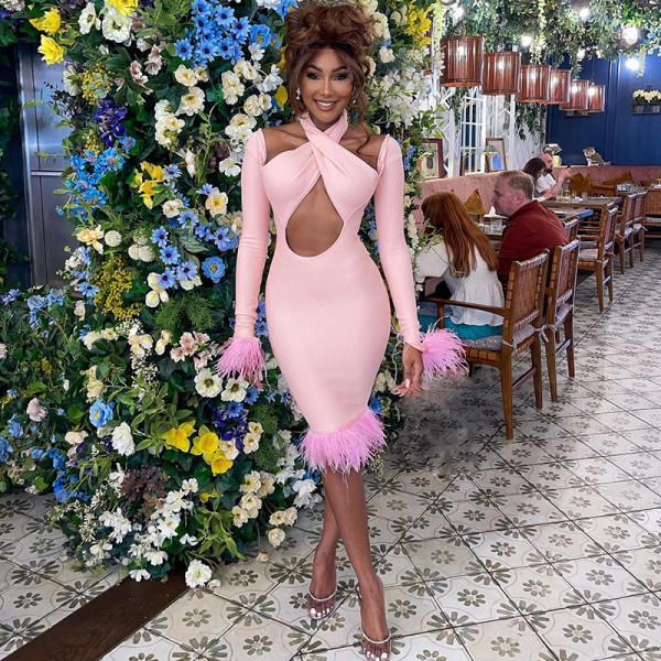 Sexy cross fur hem buttock tight dress