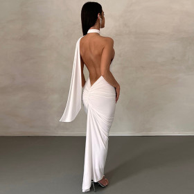 Neck dress sleeveless backless sexy tight pleated buttock dress