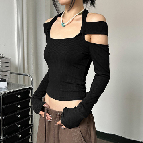Hanging neck long-sleeved T-shirt cut-out design slimming sexy hot girl bottom top