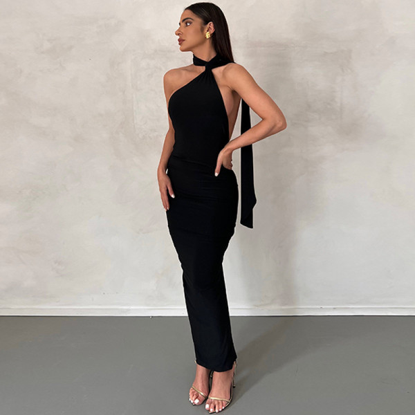 Neck dress sleeveless backless sexy tight pleated buttock dress