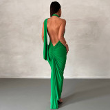 Neck dress sleeveless backless sexy tight pleated buttock dress