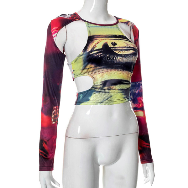 Printed navel exposed long-sleeved T-shirt Women's tight-fitting bottom shirt