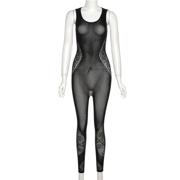 Solid color women's sexy perspective sleeveless low-cut high-waist slim embroidered jumpsuit