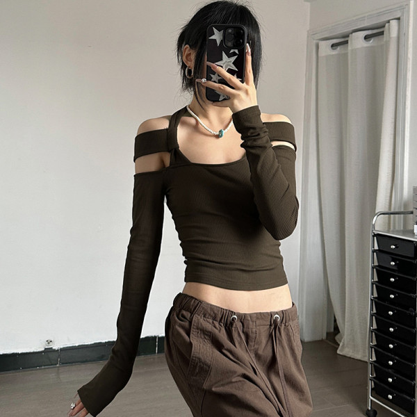 Hanging neck long-sleeved T-shirt cut-out design slimming sexy hot girl bottom top