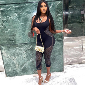 Solid color women's sexy perspective sleeveless low-cut high-waist slim embroidered jumpsuit