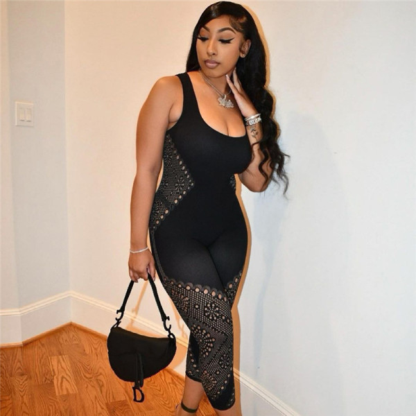 Solid color women's sexy perspective sleeveless low-cut high-waist slim embroidered jumpsuit