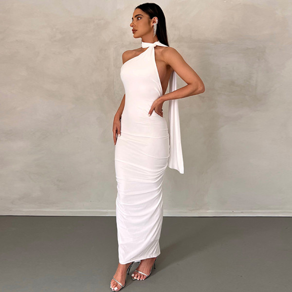 Neck dress sleeveless backless sexy tight pleated buttock dress