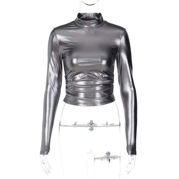 Metallic street trendsetter half-high neck long-sleeved tight-fitting T-shirt top