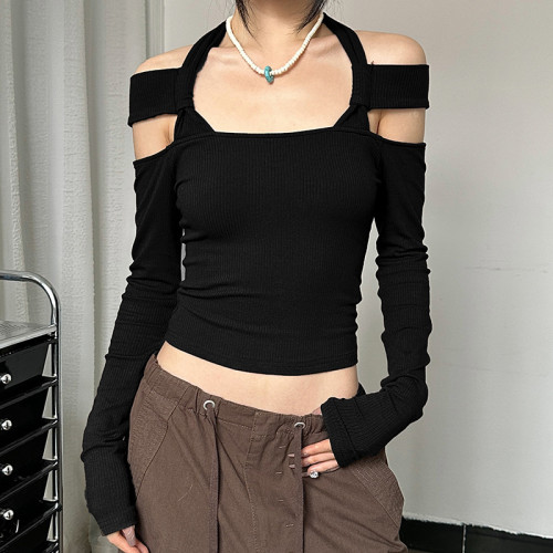 Hanging neck long-sleeved T-shirt cut-out design slimming sexy hot girl bottom top