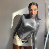 Metallic street trendsetter half-high neck long-sleeved tight-fitting T-shirt top