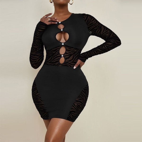 Sexy perspective flocking patchwork slim dress