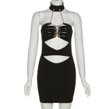 Fashion sexy chest wrap chain cut-out slim wrap hip dress