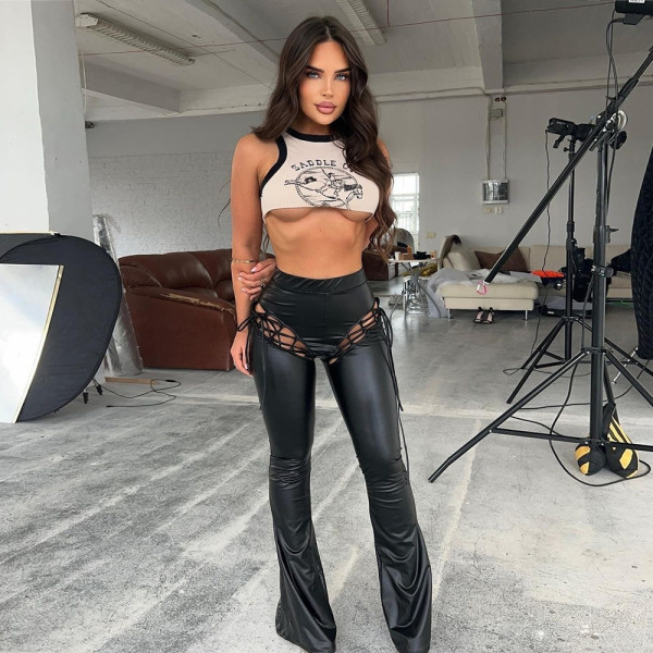 Women's personalized trend slimming lace up hollowed-out flared pants