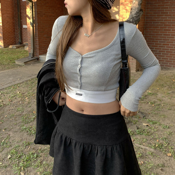 Fashion Spicy Girls Large Neck Ribbed Contrast Ribbon Slim Fit T-Shirt