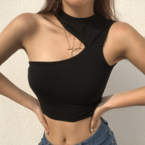 Asymmetrical cut shoulder cut-out solid color tank top Asymmetrical cut shoulder cut-out solid color tank top