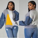 Denim stitching women's knitting sweater
