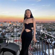 Women's fashion cut-out sexy open navel hooded slim-fitting buttock bottom dress