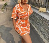 Printed short-sleeved polo neck top, buttock wrap skirt, casual two-piece suit