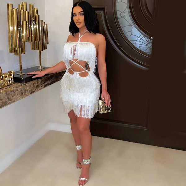 Nightclub lace tassel wrap hip skirt with bra and backless dress