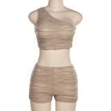 Fashion personality slant shoulder sleeveless slim cut navel shorts two-piece set