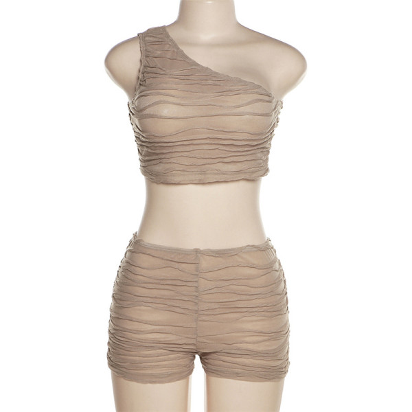Fashion personality slant shoulder sleeveless slim cut navel shorts two-piece set