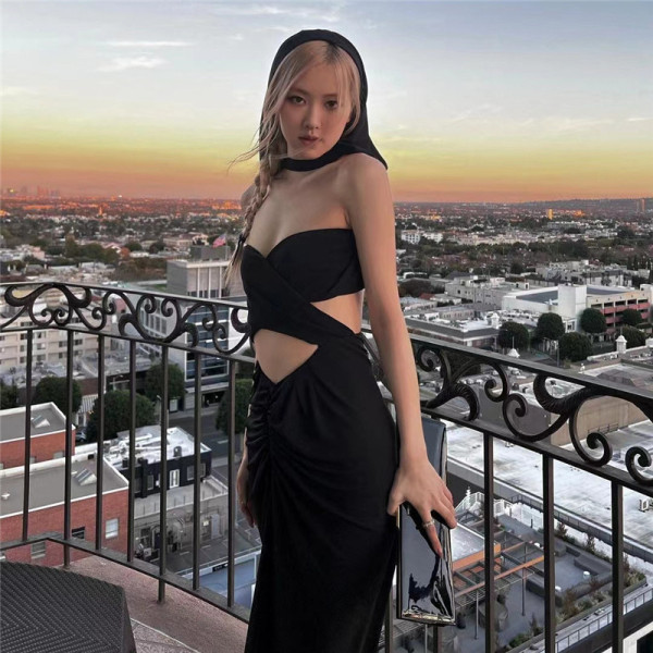 Women's fashion cut-out sexy open navel hooded slim-fitting buttock bottom dress