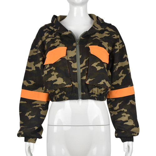 Camo pocket cardigan outdoor washing long-sleeved short coat