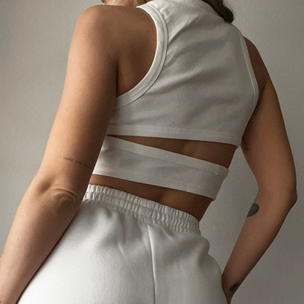 Women's solid color slim fashion short cut open back round neck pullover sexy vest