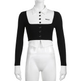 Women's short fashion color contrast fake two-piece single-breasted waistband slim long-sleeved T-shirt