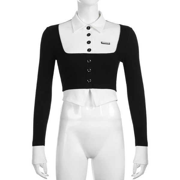Women's short fashion color contrast fake two-piece single-breasted waistband slim long-sleeved T-shirt