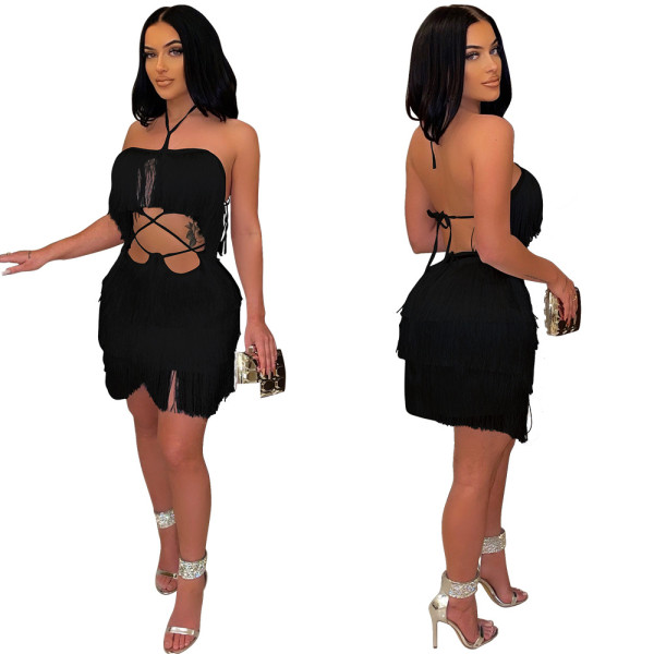 Nightclub lace tassel wrap hip skirt with bra and backless dress