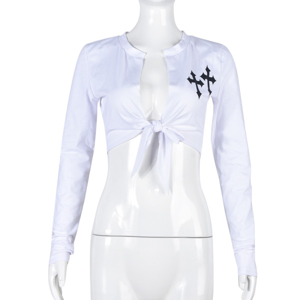 Printed Cross Hollow Lace Long Sleeve Street Fashion T-shirt