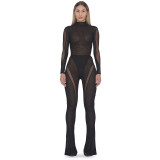 Women's sexy mesh stitching perspective long-sleeved one-piece top speaker trousers casual suit