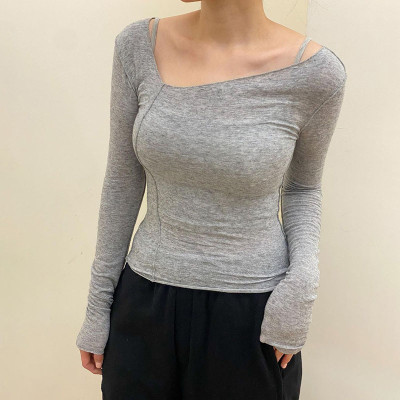 Asymmetrical reverse stitching long-sleeved slim T-shirt top