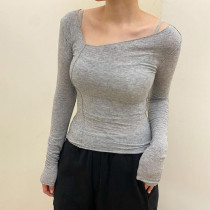 Asymmetrical reverse stitching long-sleeved slim T-shirt top Asymmetrical reverse stitching long-sleeved slim T-shirt top