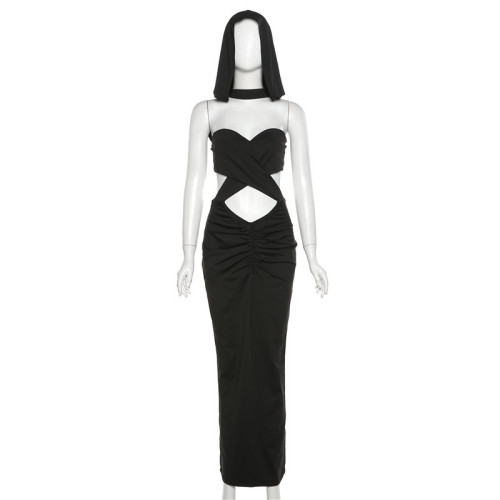 Women's fashion cut-out sexy open navel hooded slim-fitting buttock bottom dress