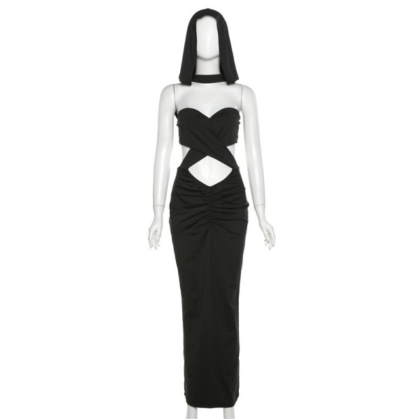 Women's fashion cut-out sexy open navel hooded slim-fitting buttock bottom dress
