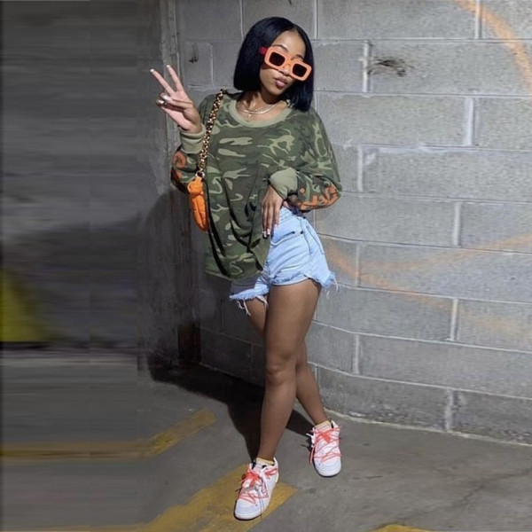 Camouflage glue sexy hollowed-out long-sleeved top for women