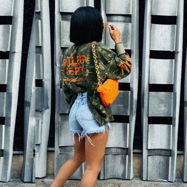 Camouflage glue sexy hollowed-out long-sleeved top for women