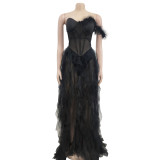 Women's solid color sleeveless chest wrapped gauze long dress