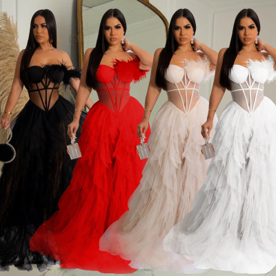 Women's solid color sleeveless chest wrapped gauze long dress